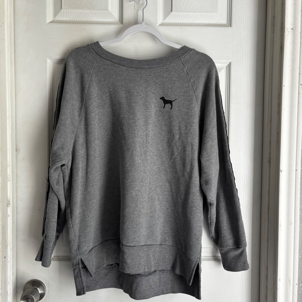 Victoria's Secret PINK Grey Dog Sweatshirt‎ Rainbow Stripe Sleeve Logo M y2k